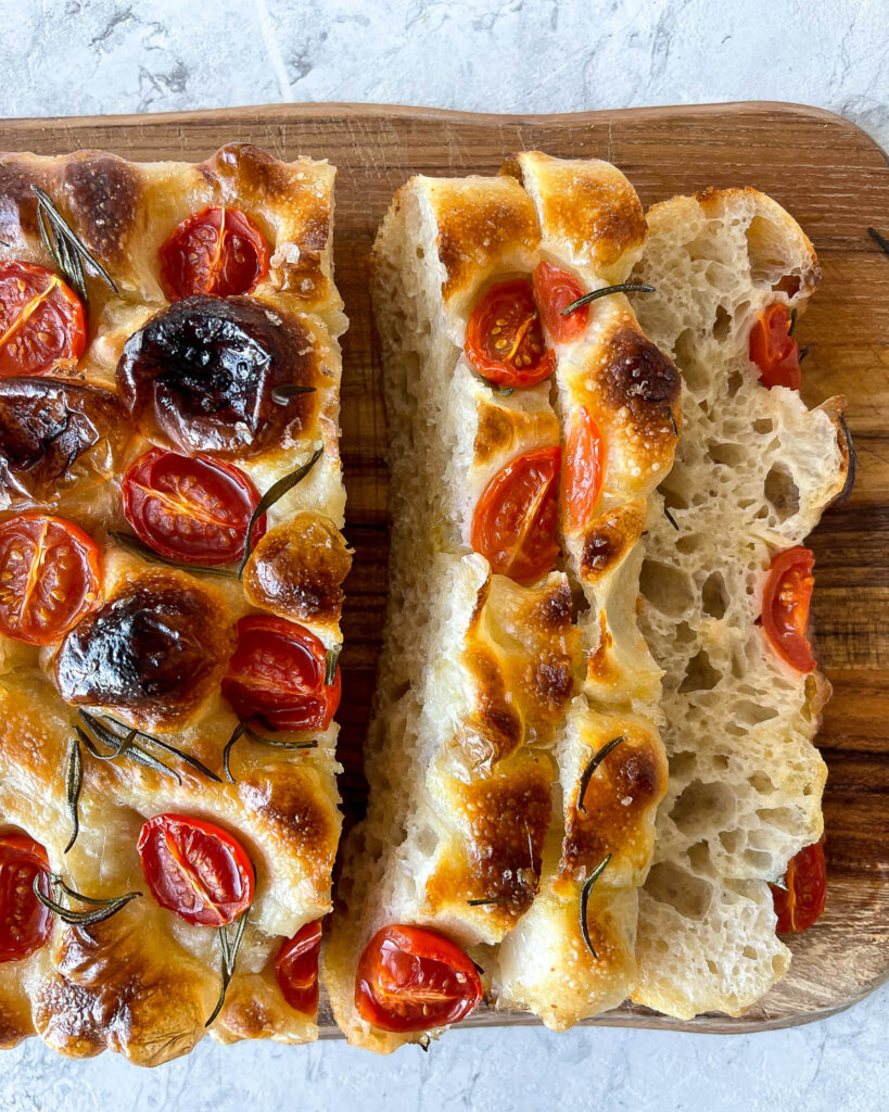 Sourdough Focaccia with cherry tomatoes and rosemary