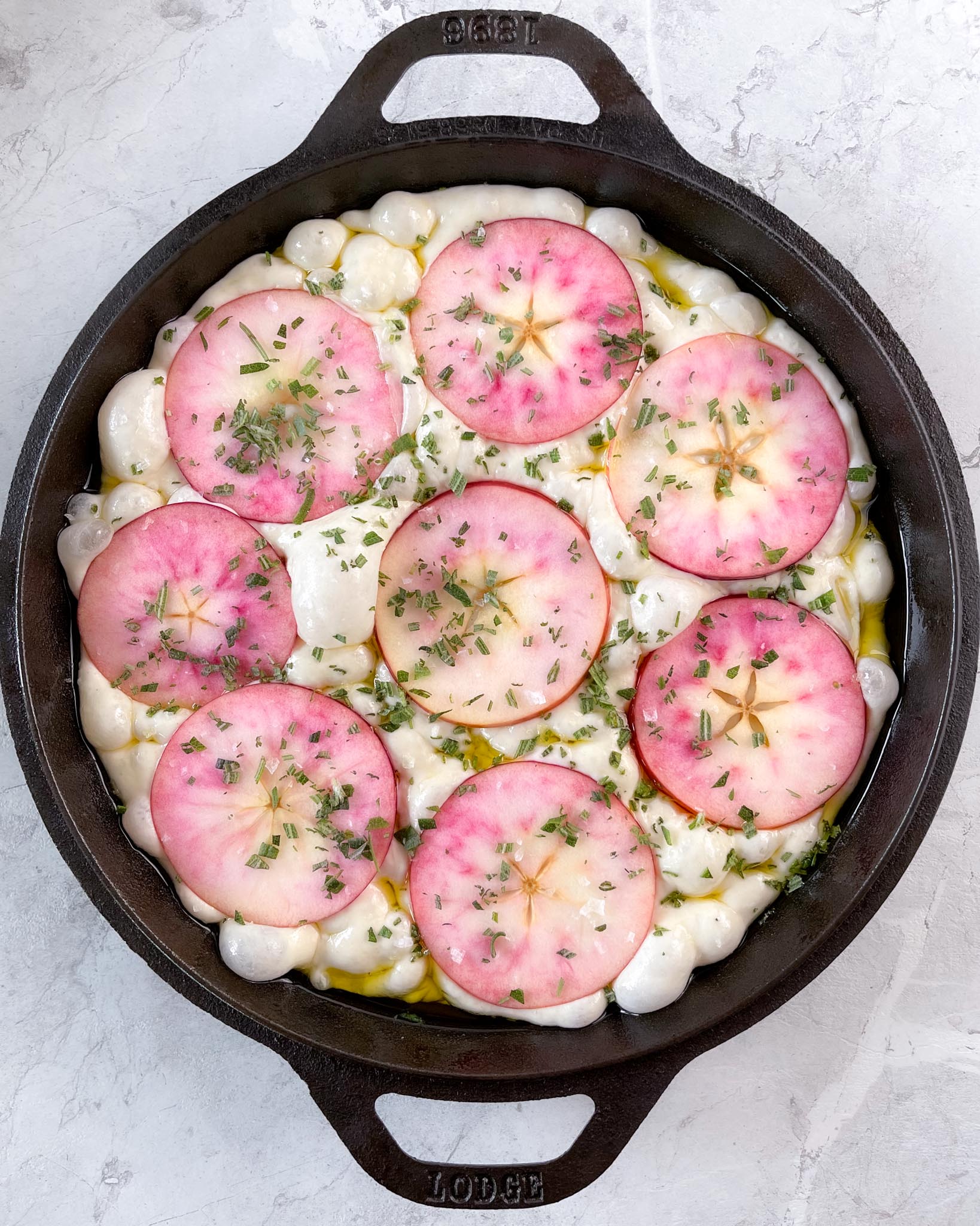 cast iron focaccia with apples and rosemary