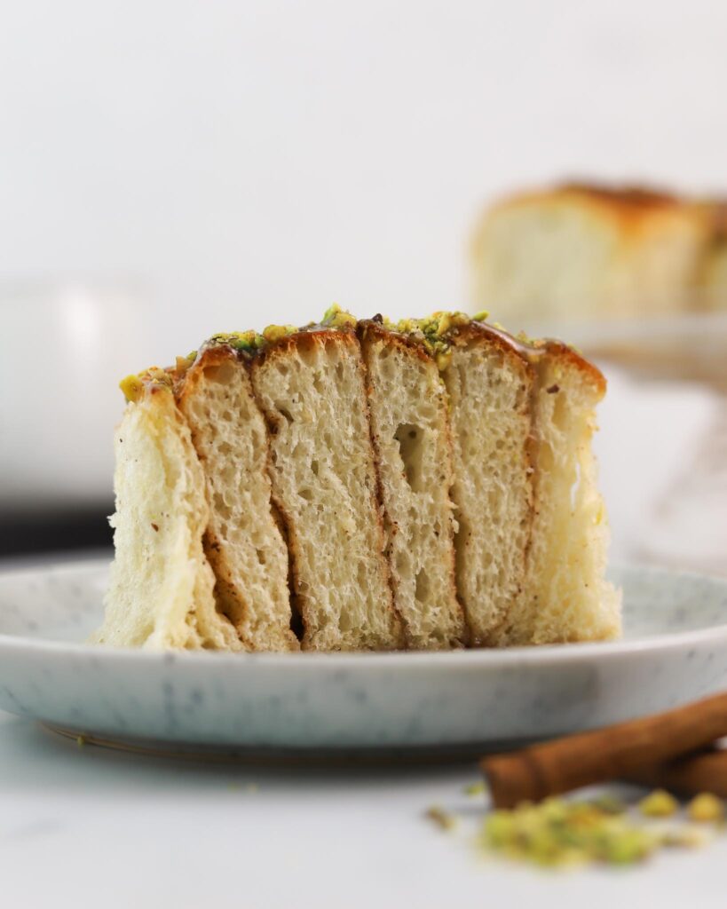 sourdough cinnamon rolls with caramel and pistachio